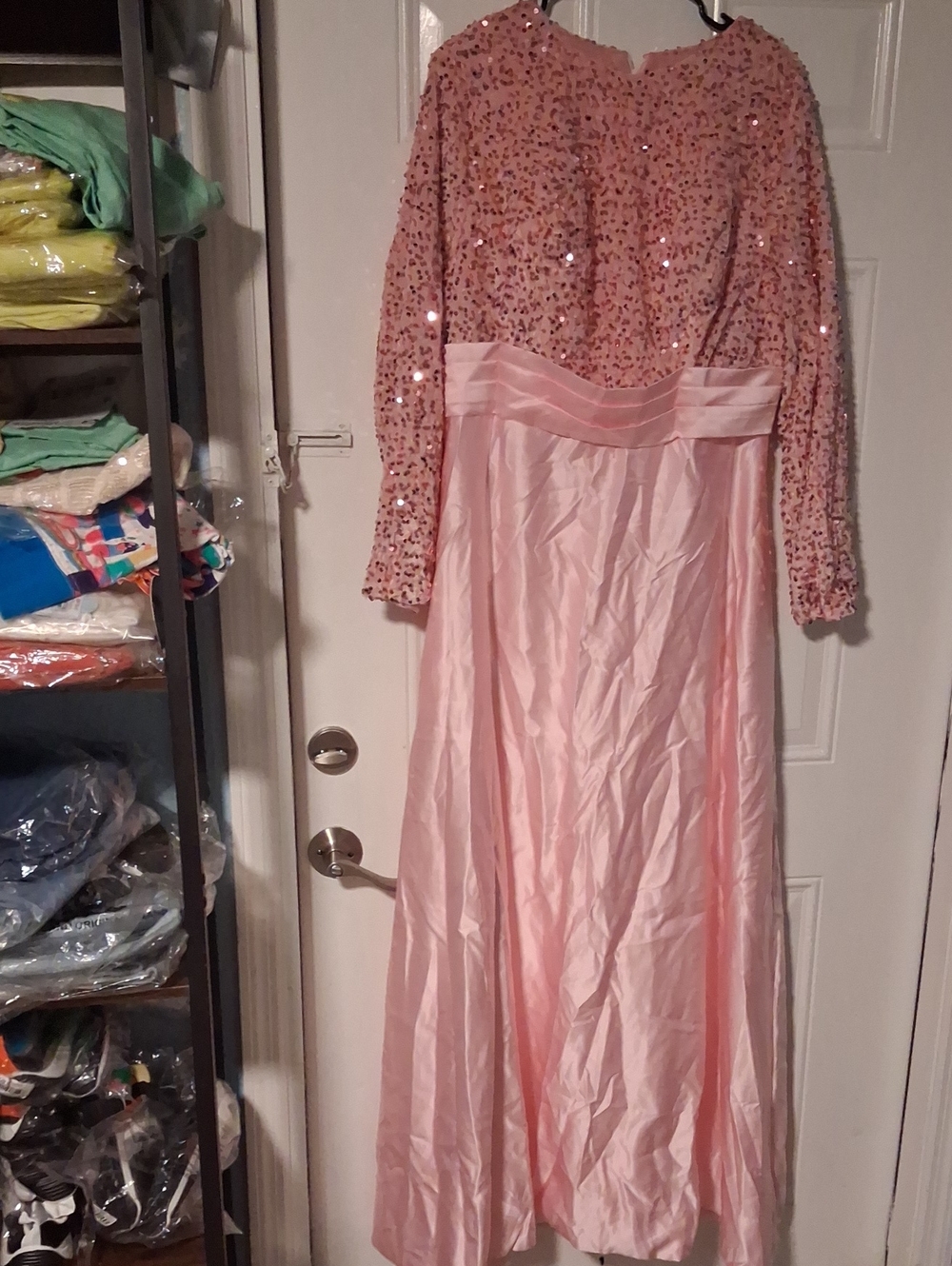 Long Sleeve Pink Sequin Bodice Evening Gown
